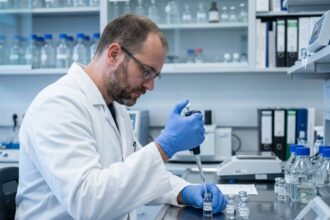 Technicien de laboratoire français préparant des e-liquides dans une installation de production certifiée aux normes sanitaires strictes