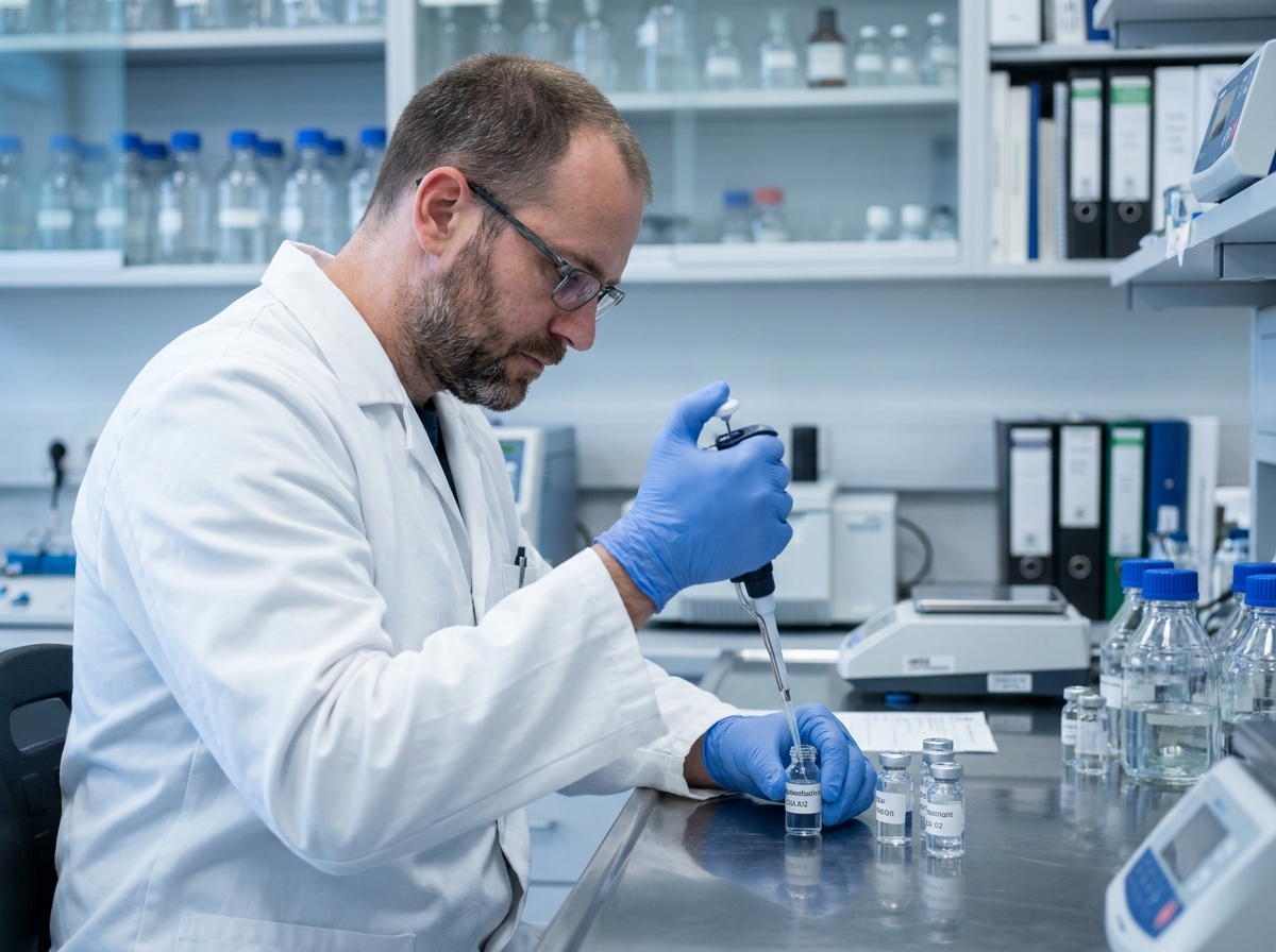 Technicien de laboratoire français préparant des e-liquides dans une installation de production certifiée aux normes sanitaires strictes