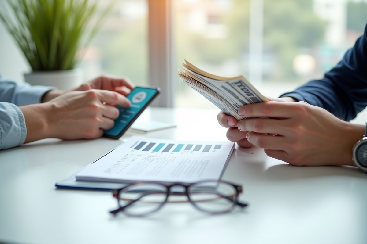 Mains tenant des factures de scolarité avec smartphone et lunettes