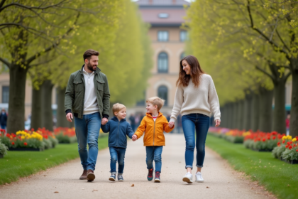 Famille de quatre se promenant dans un parc européen au printemps