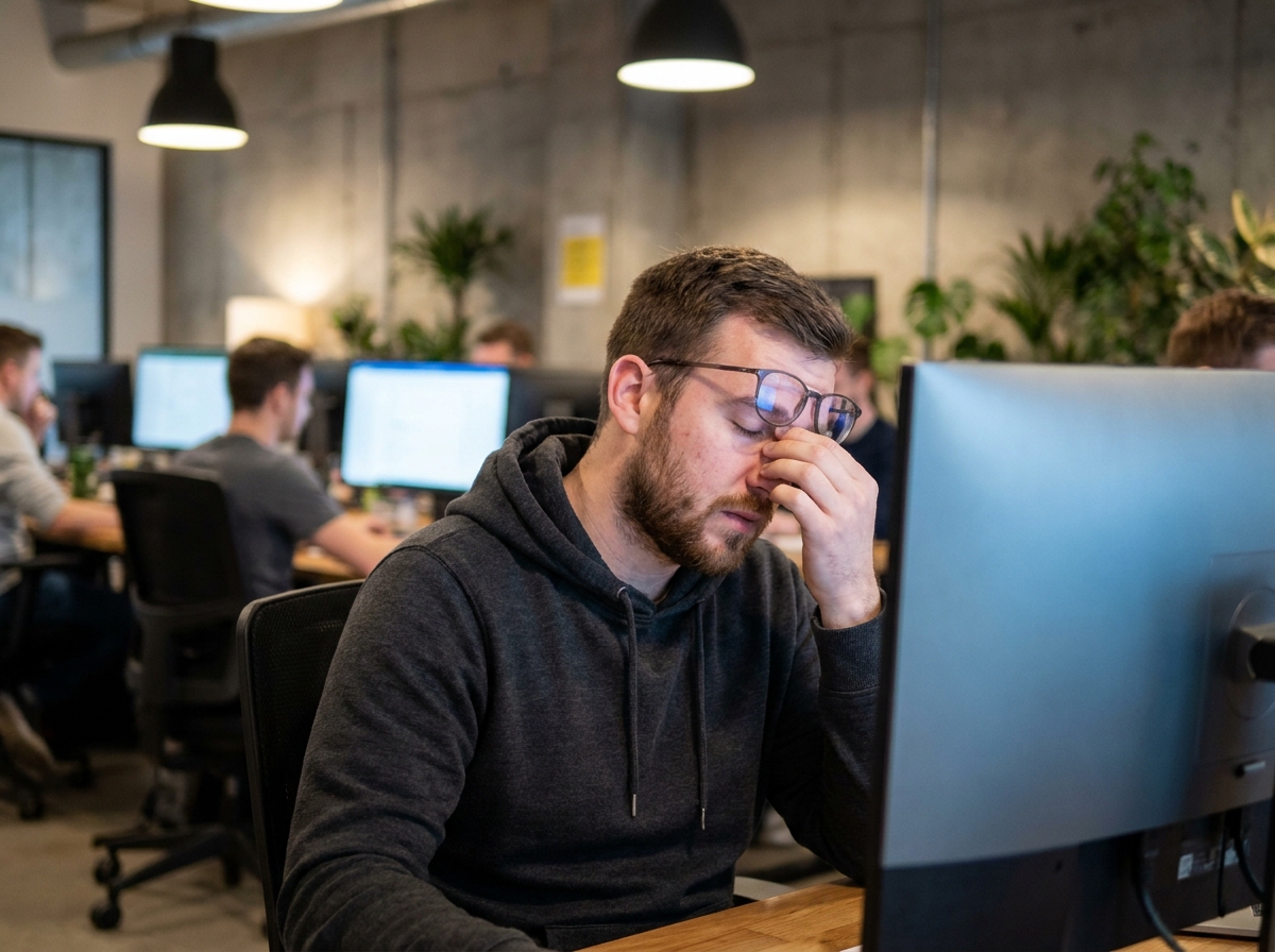 Jeune homme en télétravail souffrant de fatigue visuelle devant un écran d'ordinateur dans un bureau moderne