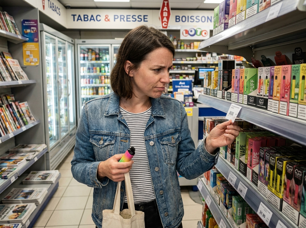 Femme en magasin examinant le prix d'une puff jetable dans un bureau de tabac ou supérette urbaine