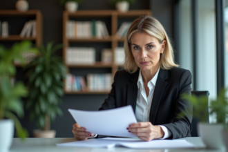 Femme d'affaires en réunion dans une banque moderne