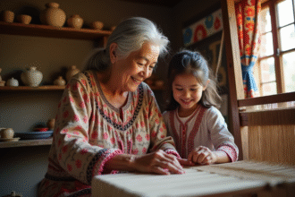 Femme âgée enseignant le tissage à une jeune fille dans une pièce chaleureuse