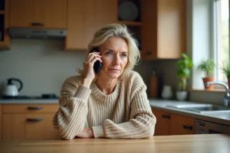 Femme utilisant son téléphone pour appeler le service annuaire 118 712 depuis sa cuisine