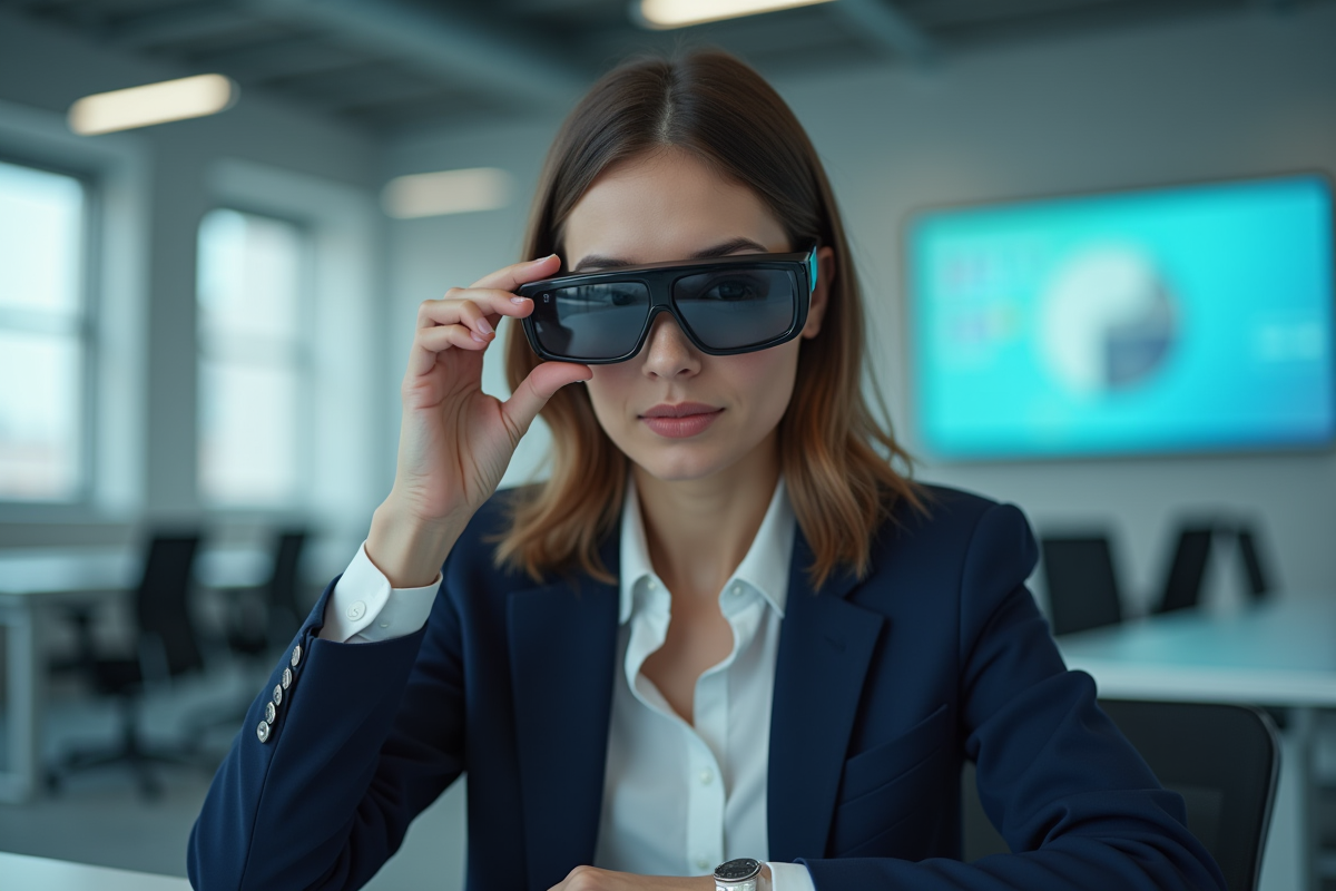 Femme professionnelle examine des lunettes AR dans un bureau moderne
