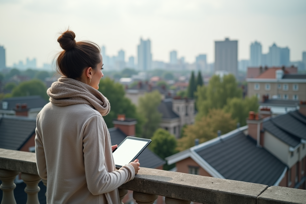 Femme regardant la ville depuis un balcon urbain