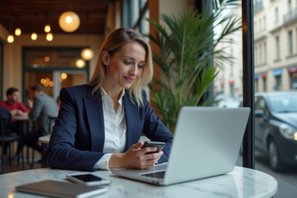 Femme professionnelle utilisant une application bancaire en café