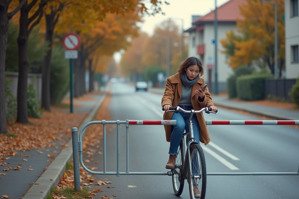 Jeune femme avec vélo devant une barrière en automne
