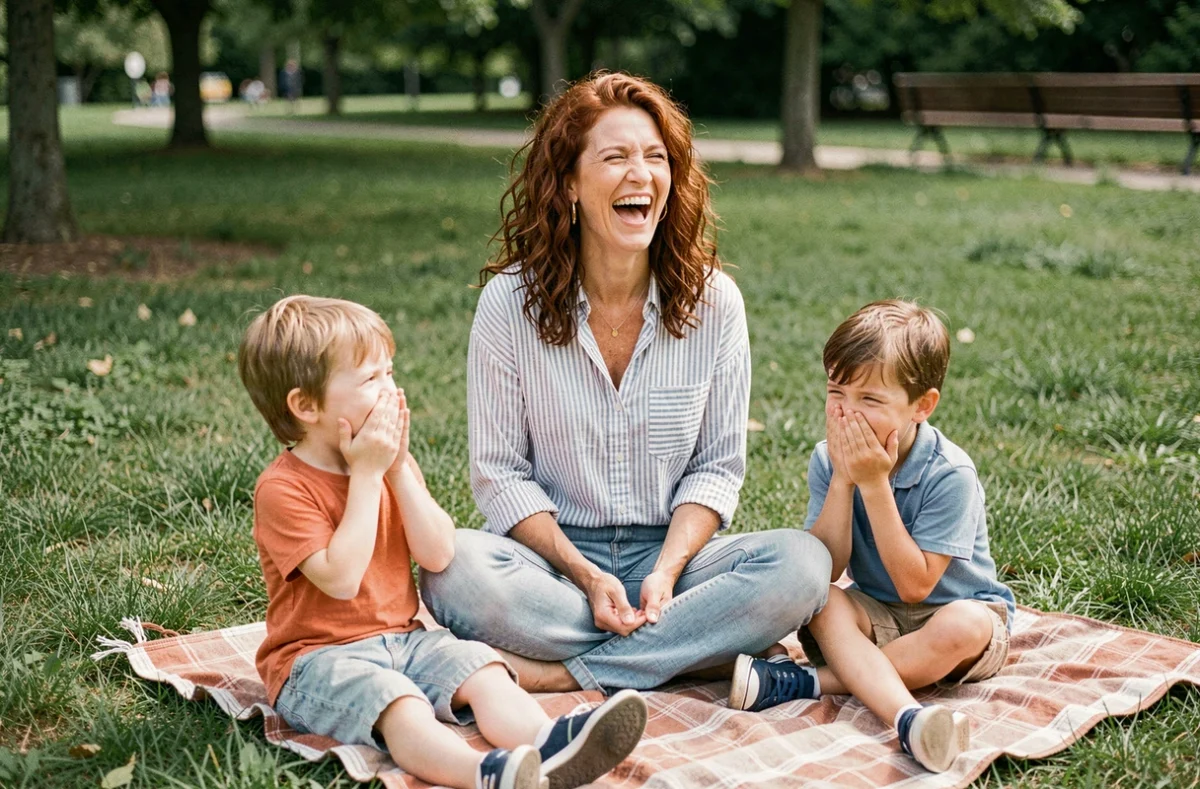 Une femme partage des blagues avec des enfants lors d'un pique-nique au parc