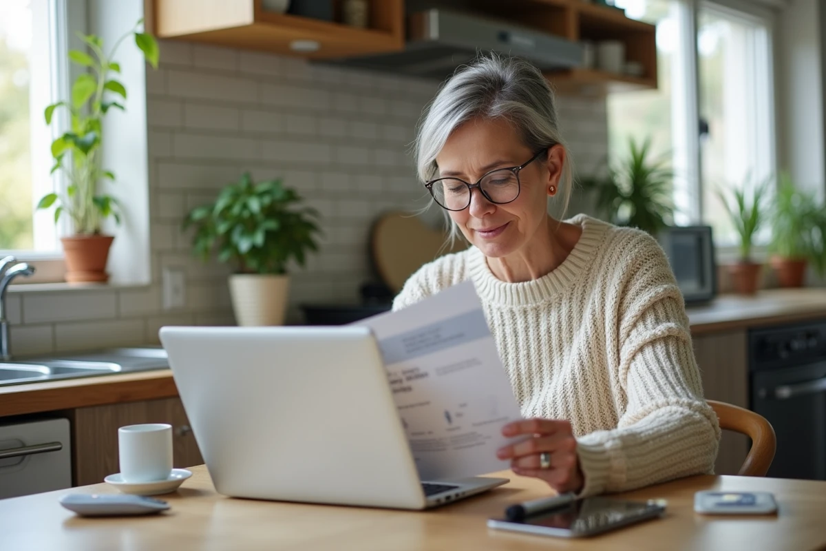 Femme lit un guide électronique dans une cuisine lumineuse
