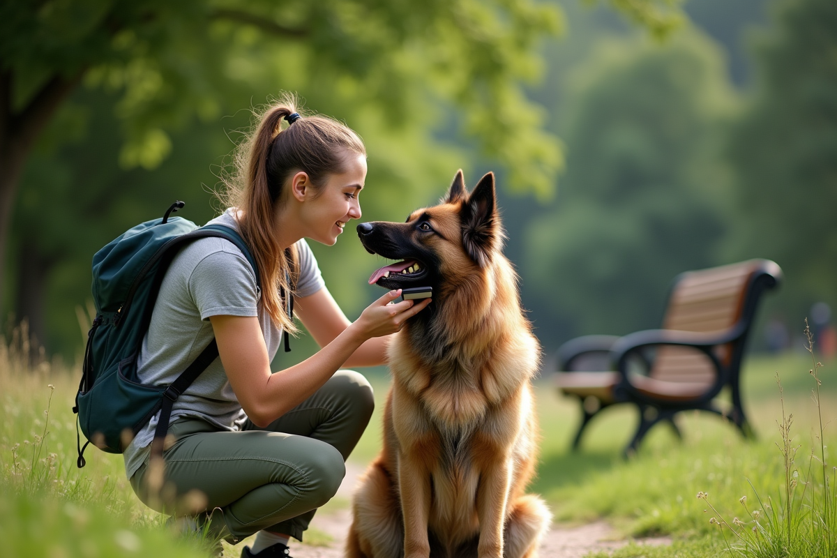 Jeune femme brossant un malinois dans un parc verdoyant
