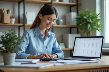 Jeune femme au bureau utilisant une calculatrice dans un bureau lumineux