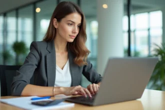 Femme concentrée au bureau avec ordinateur et calculatrice