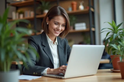 Femme souriante au bureau envoyant un message avec emoticon Merci
