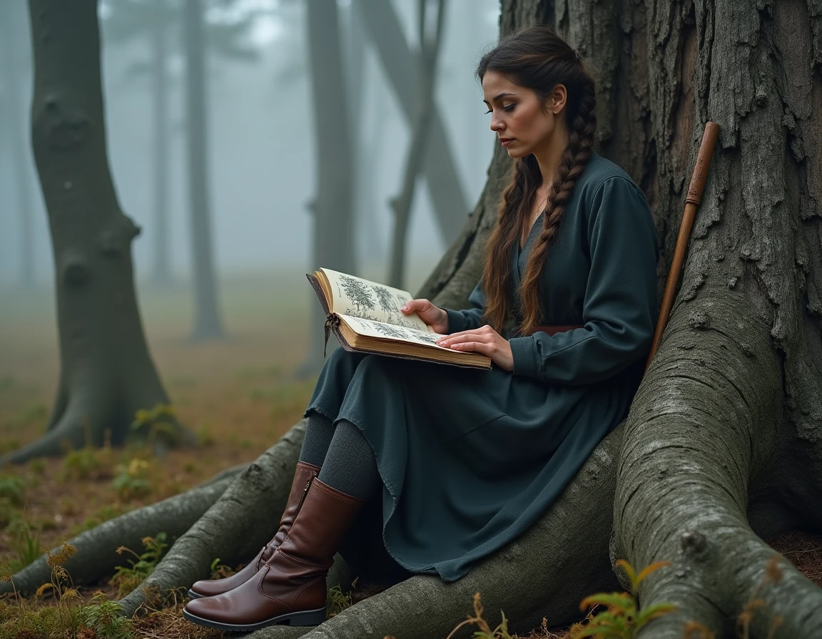 Femme en tenue nordique traditionnelle assise sur une racine d'arbre en forêt scandinave consultant un journal de runes chamaniques