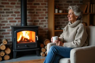Femme en pull laineux près d'une cheminée moderne