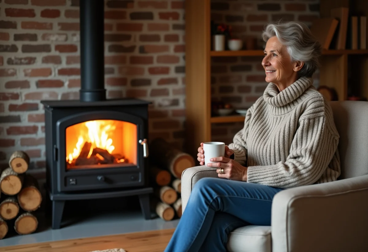 Femme en pull laineux près d'une cheminée moderne