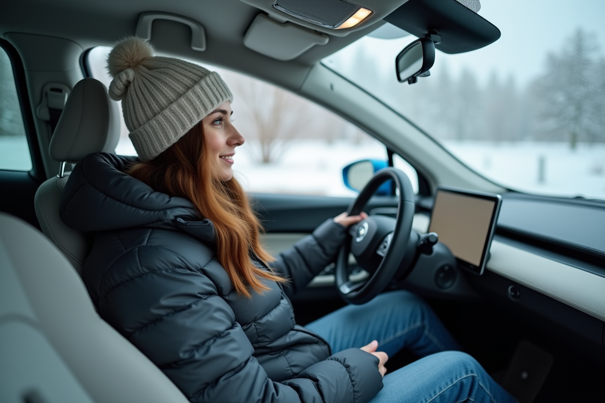Jeune femme dans sa voiture électrique au chaud