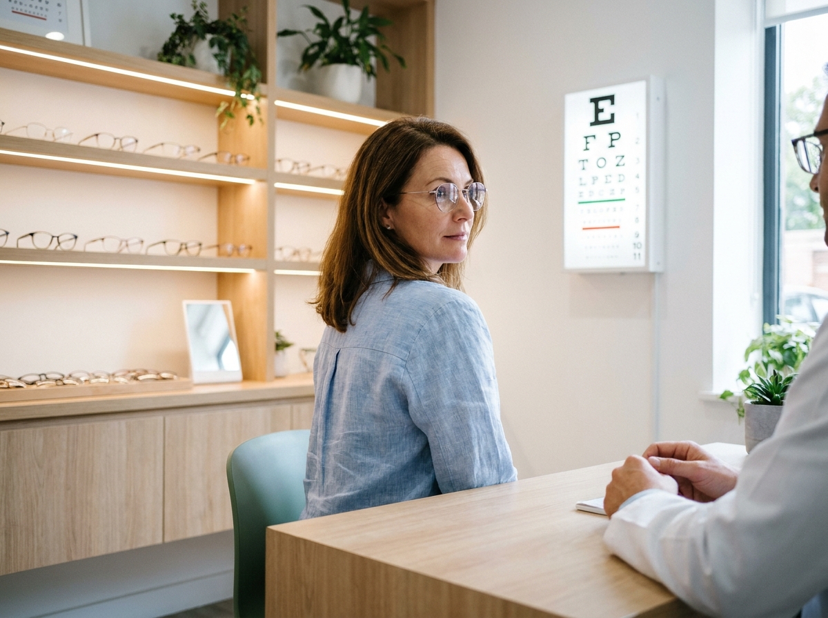 Femme d'une quarantaine d'années essayant des lunettes de vue chez un opticien lors d'un bilan visuel