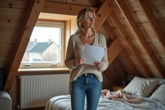 Femme méditative tenant une facture d énergie dans un grenier aménagé
