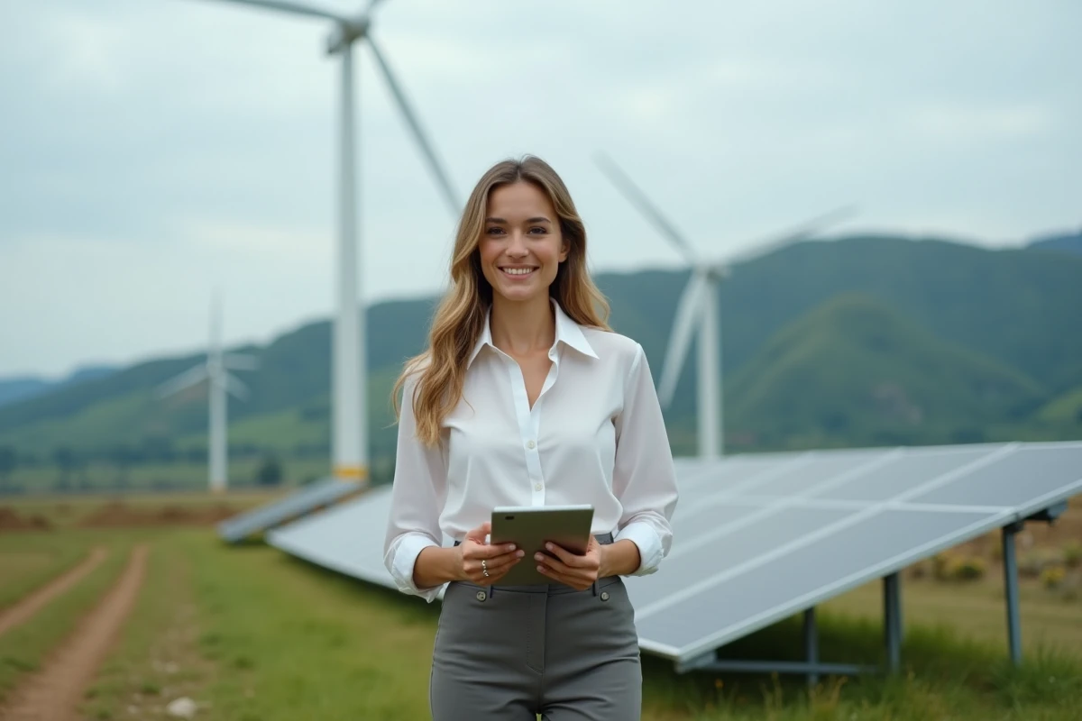 Jeune femme analysant données solaire en extérieur