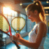 Jeune femme souriante comparant des raquettes de padel dans un magasin lumineux
