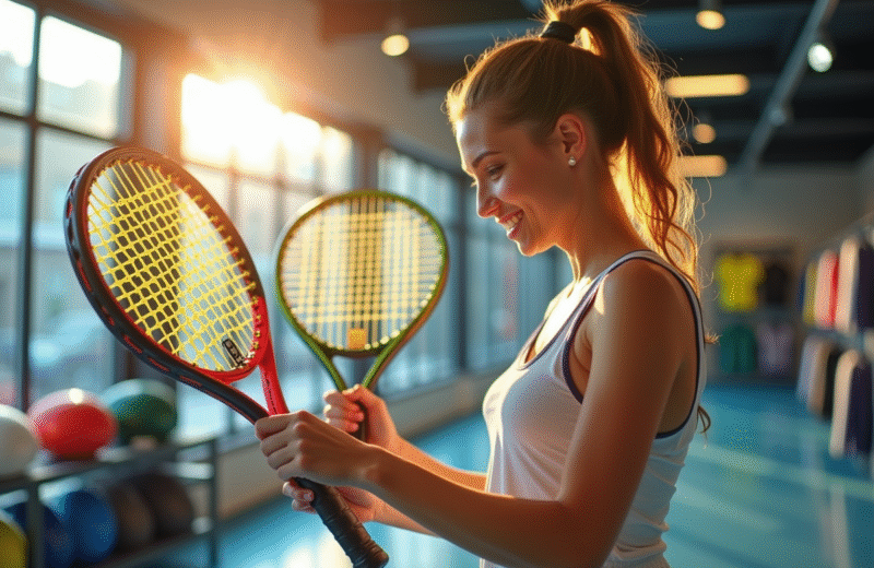 Jeune femme souriante comparant des raquettes de padel dans un magasin lumineux