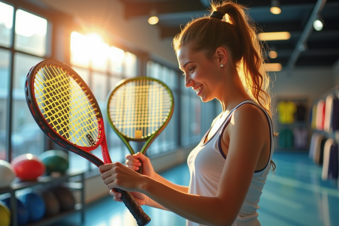Jeune femme souriante comparant des raquettes de padel dans un magasin lumineux