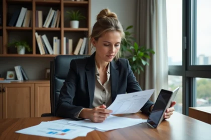 Femme en tenue élégante examinant des documents financiers