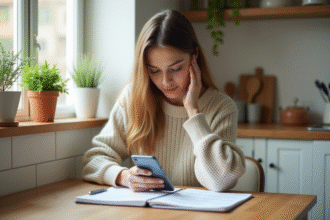 Femme en cuisine planifiant ses économies avec un carnet