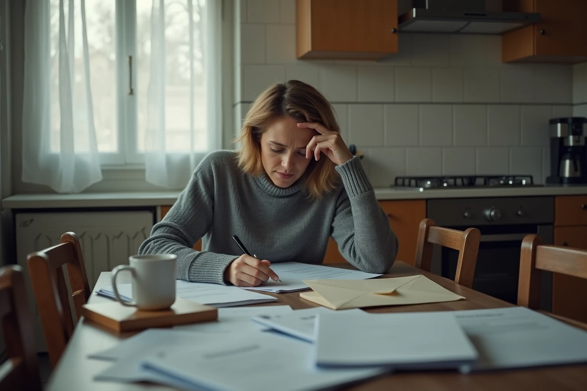 Femme inquiète seule dans sa cuisine face à une pile de courriers officiels d'huissier de justice