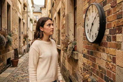 Femme contemplant une horloge murale affichant 11h01 dans une ruelle pavée européenne, symbolisant l'heure miroir