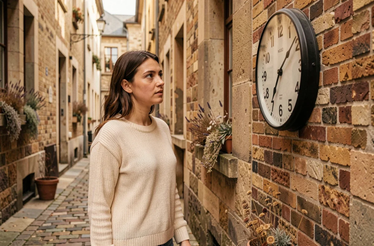 Femme contemplant une horloge murale affichant 11h01 dans une ruelle pavée européenne, symbolisant l'heure miroir