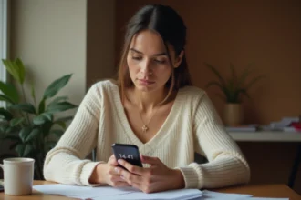 Femme regardant son téléphone affichant 14h41 à son bureau, symbolisant l'heure miroir 14h41 et sa signification spirituelle