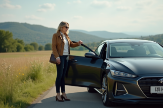 Femme confiante ouvrant une voiture hybride en campagne
