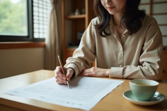 Femme japonaise résolvant des mots fléchés sur un bureau en bois dans un appartement traditionnel japonais