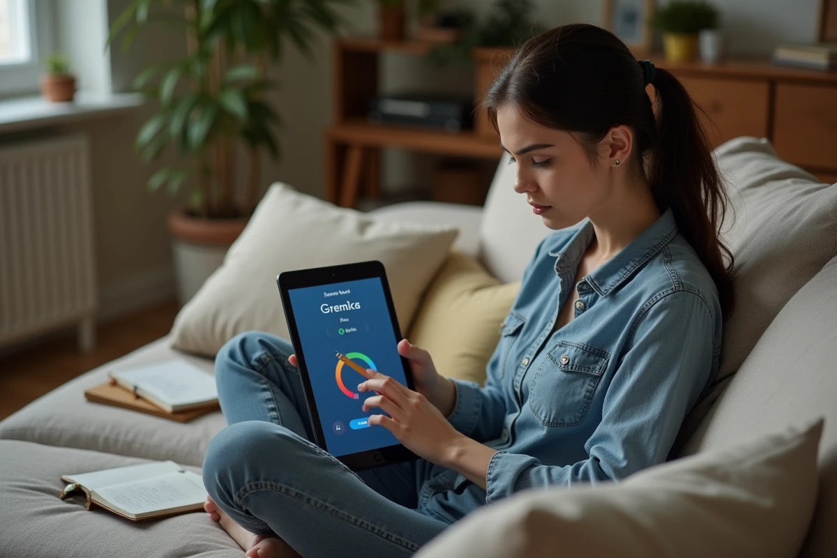 Jeune femme analysant les indices du jeu Cemantix sur une tablette dans un salon confortable avec notes manuscrites