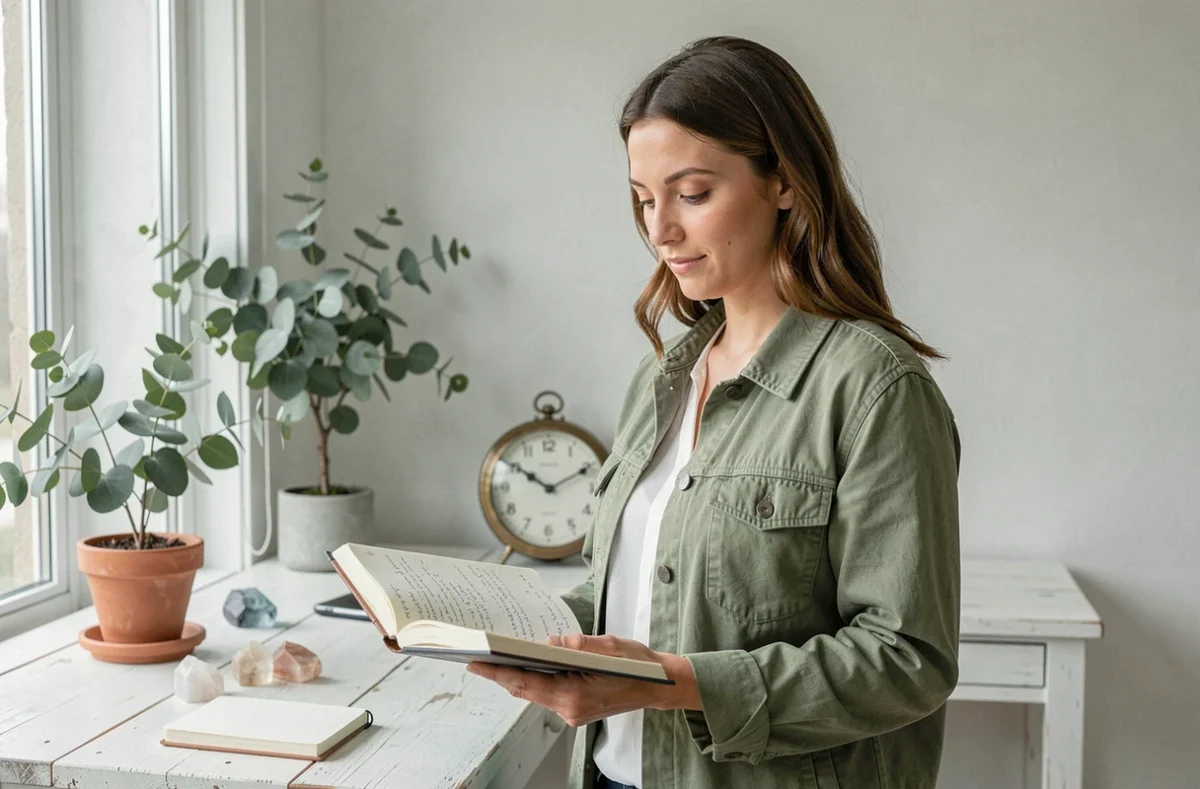Jeune femme écrivant dans un journal devant une horloge indiquant 11h01, représentant la prise de conscience de l'heure miroir