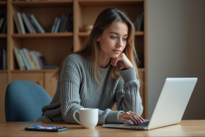 Jeune femme au sweater gris travaillant sur son ordinateur