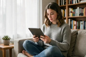 Femme lisant un ebook sur une liseuse numérique confortablement installée dans son salon, entourée de livres