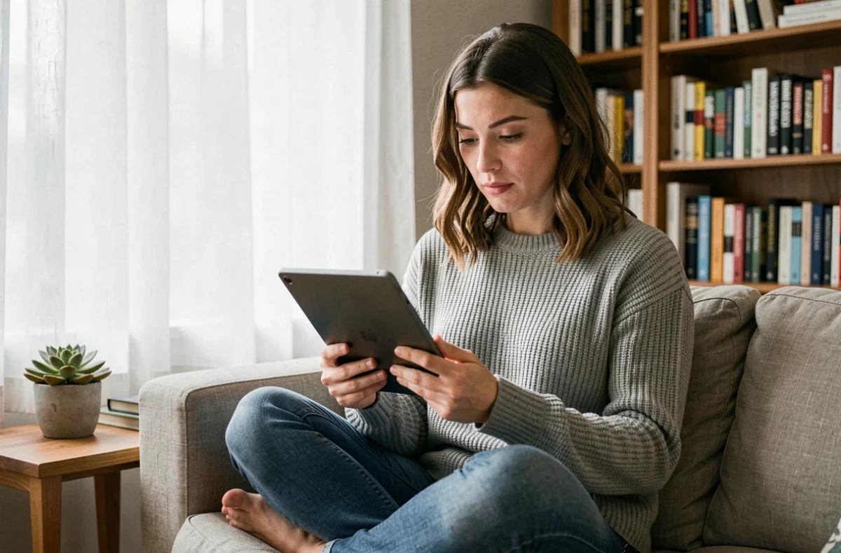 Femme lisant un ebook sur une liseuse numérique confortablement installée dans son salon, entourée de livres