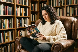 Femme lisant un roman de science-fiction d'Asimov dans une bibliothèque personnelle chaleureuse entourée de livres