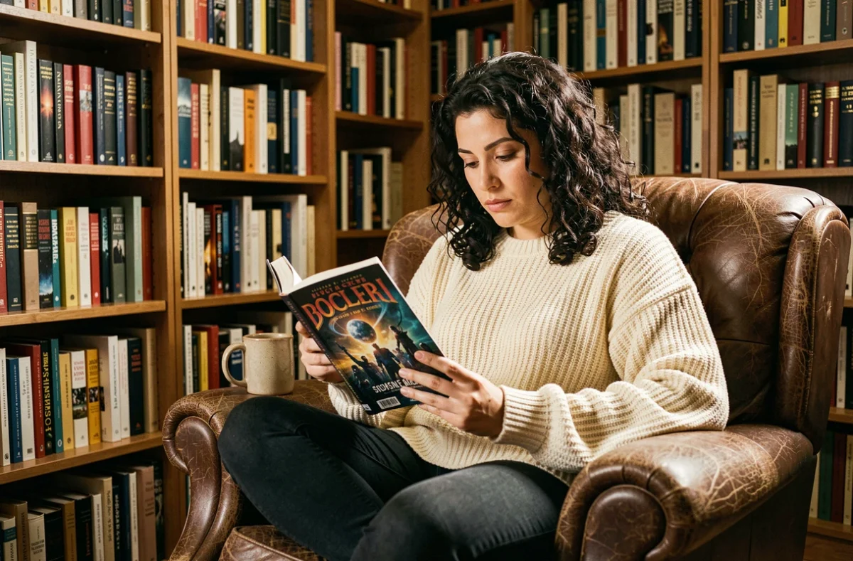 Femme lisant un roman de science-fiction d'Asimov dans une bibliothèque personnelle chaleureuse entourée de livres