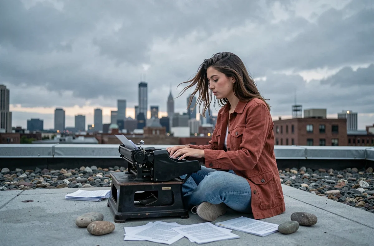 Jeune femme écrivant sur une machine à écrire mécanique sur un toit urbain au crépuscule, évoquant la narration à la première personne et les tournants narratifs inattendus