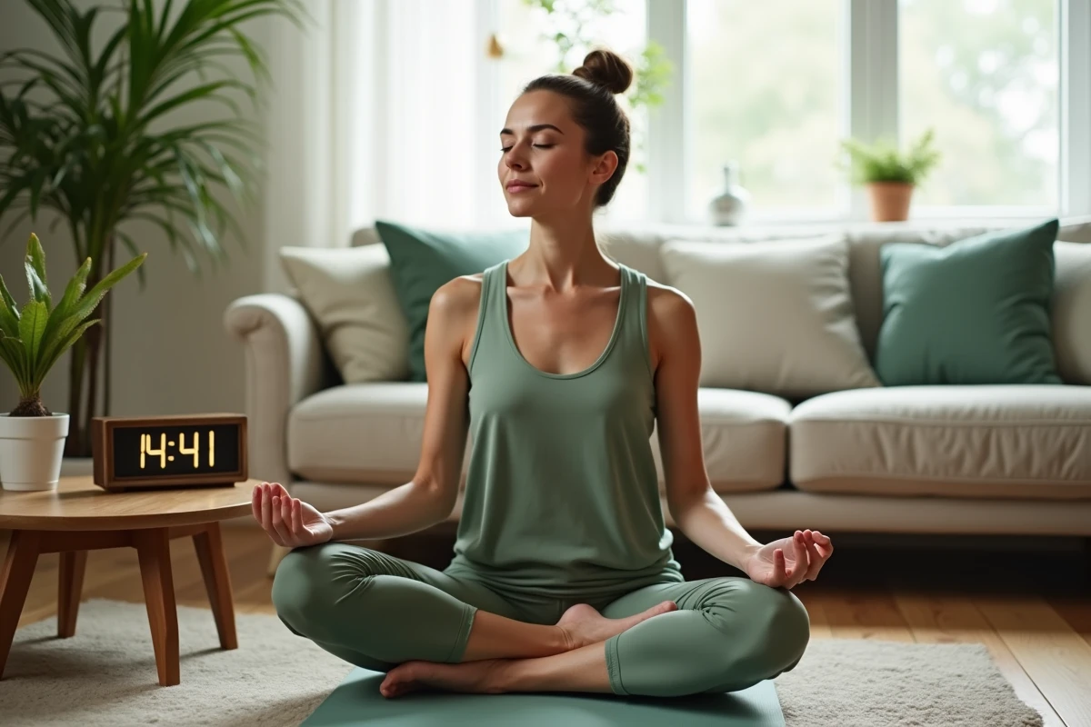 Femme en méditation sur un tapis de yoga avec une horloge affichant 14h41, évoquant la spiritualité et la signification de l'heure miroir