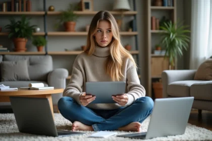 Femme en sweater regardant ses appareils pour des deals