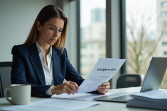 Femme en blazer bleu examine un document avantages en nature