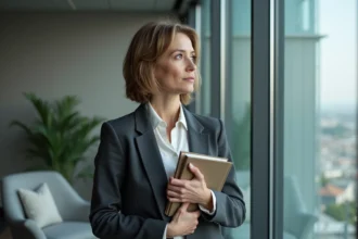 Femme d'âge moyen dans un bureau moderne regardant dehors