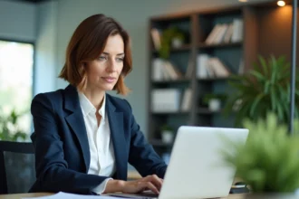 Femme professionnelle assise au bureau en pleine concentration